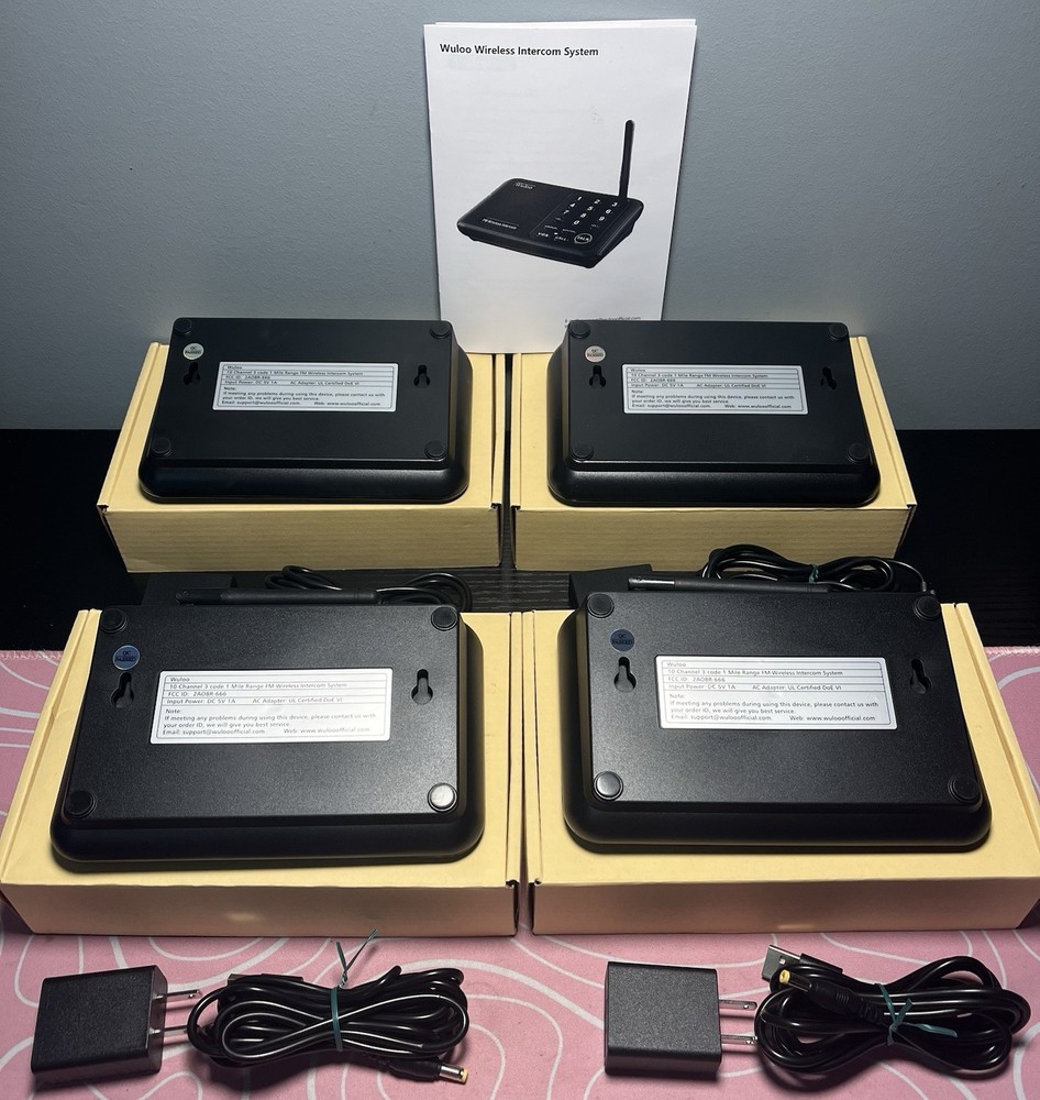 Wuloo 4 pack Wireless Intercom System 10 Channel 3 Code, 5280ft, W666-P4 Black