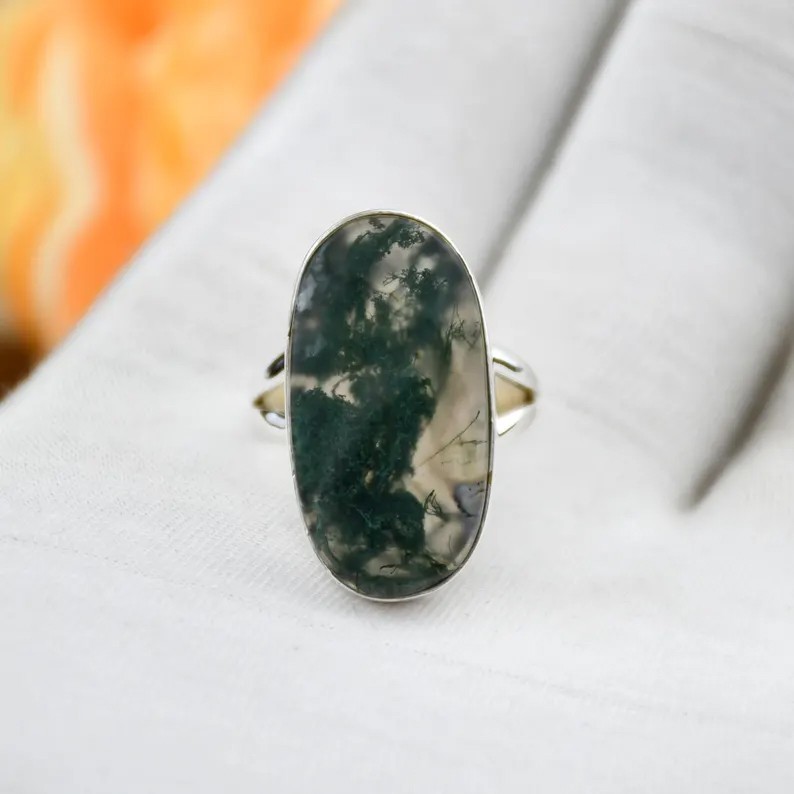 Solid 925 Sterling Silver Natural Moss Agate Large Oval Gemstone Handmade Ring