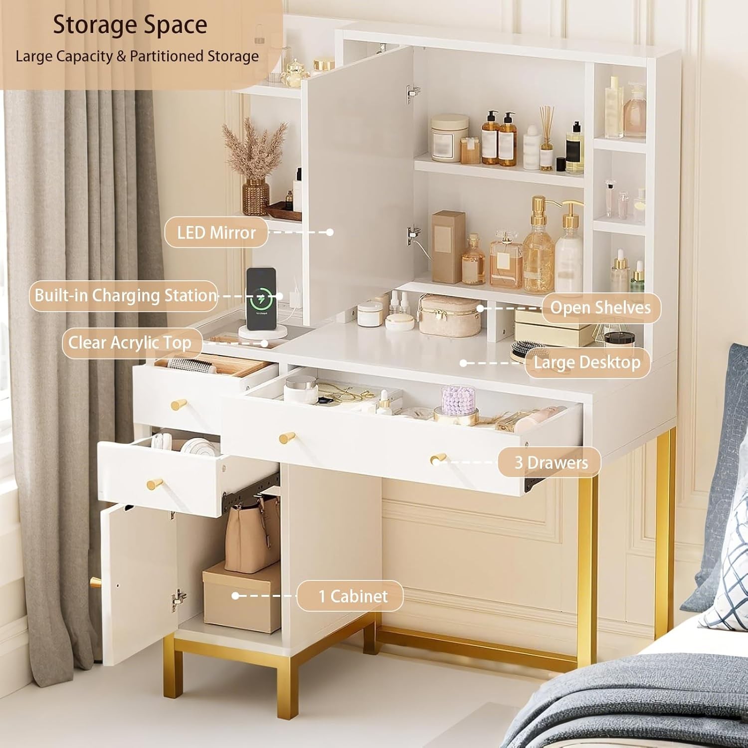 White Vanity Desk w LED Mirror, Makeup Table with Lights, Power Outlet & Storage