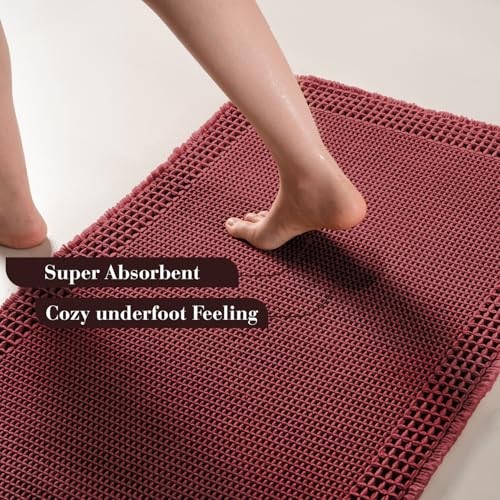 RESARE Waffle Bath Mat for Bathroom, Super 1'5" x 2' (Rectangular), Dark Red