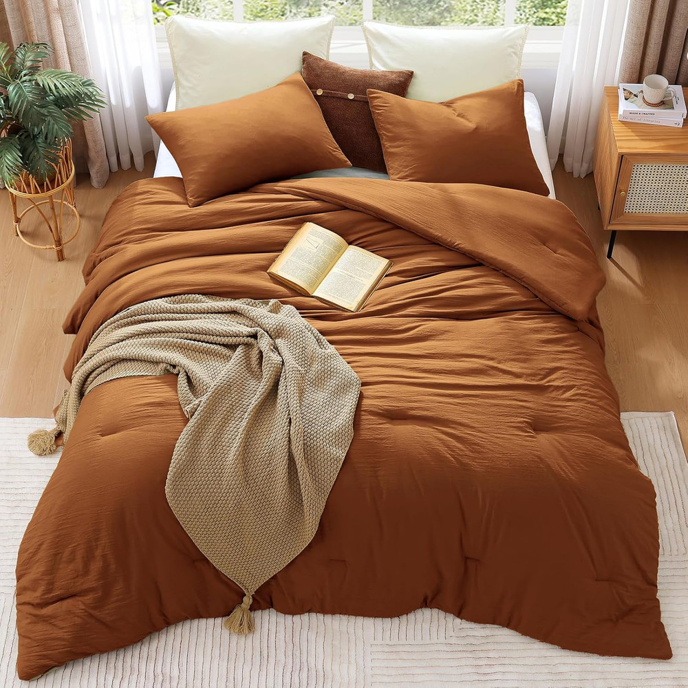 Full Size Comforter Sets - 3 Pieces Prewashed Burnt Orange Comforter Soft Lightw