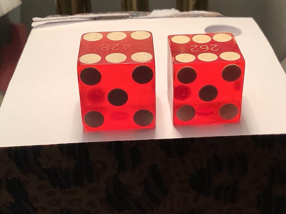 Vintage precision engraved dice, translucent red, sharp-edge, serial numbered