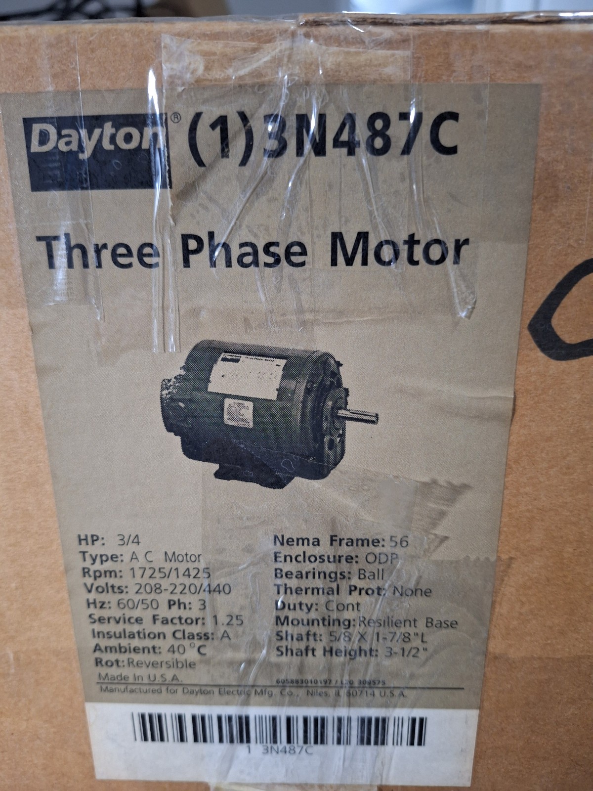 NEW IN BOX DAYTON INDUSTRIAL MOTOR HP 3/4, PH 3, 1725RPM, 208-220/440V, 3N487C