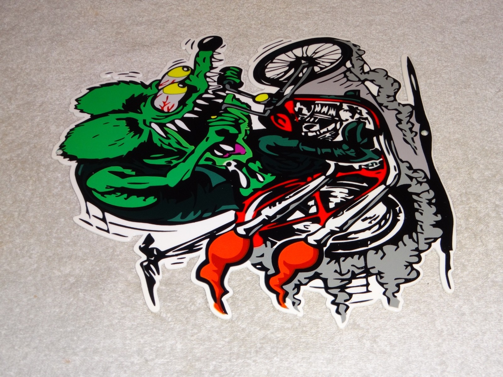 VINTAGE RATFINK RIDES MOTORCYCLE 12" PORCELAIN METAL RAT FINK GASOLINE OIL SIGN