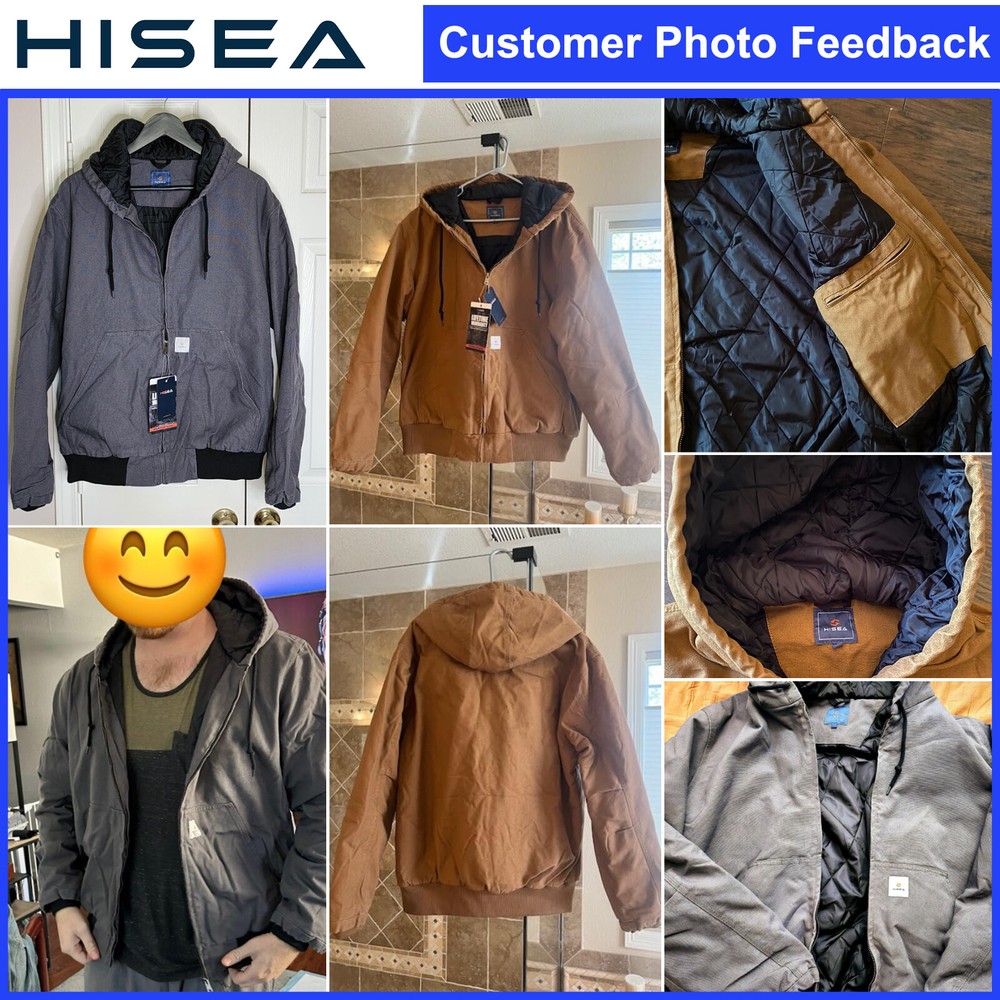 HISEA Men Full Zip Hooded Jacket Quilted Lining Active Jacket Work Coat Pockets
