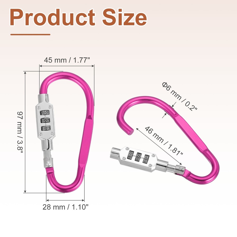 3.8" x 1.8" D-Shaped 3-Digit Code Combination Lock D-Ring Clip Locking, Pink