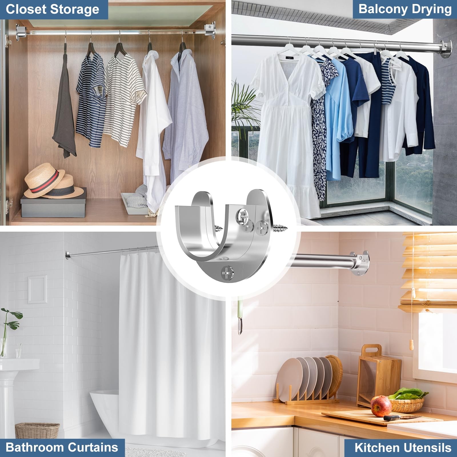 6-Pack Stainless Steel Closet Rod Brackets, U-Shaped Heavy Duty Flange Socket...