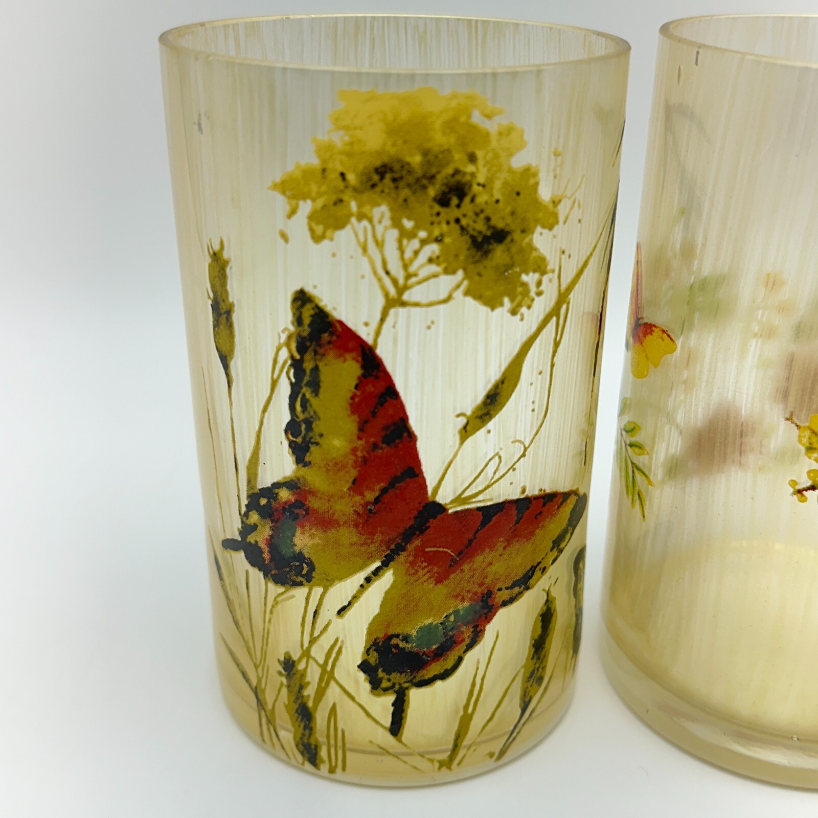 MCM Drinking Glasses Set Butterfly Floral Art Painted 6in Tall Vintage Decor