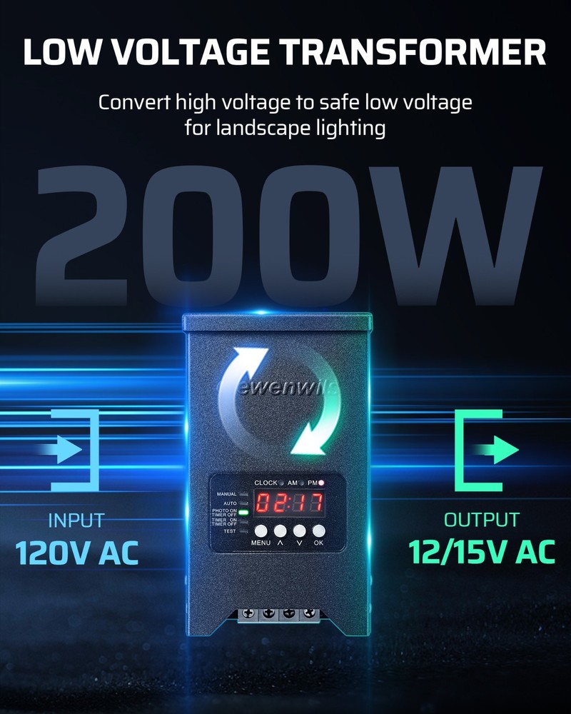 DEWENWILS 200W Low Voltage Landscape Transformer, Dusk to Dawn Sensor & Timer,