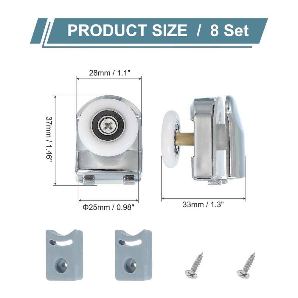 8Pcs 25mm Single Shower Door Rollers Copper Top Wheels Pulleys Guide Silver