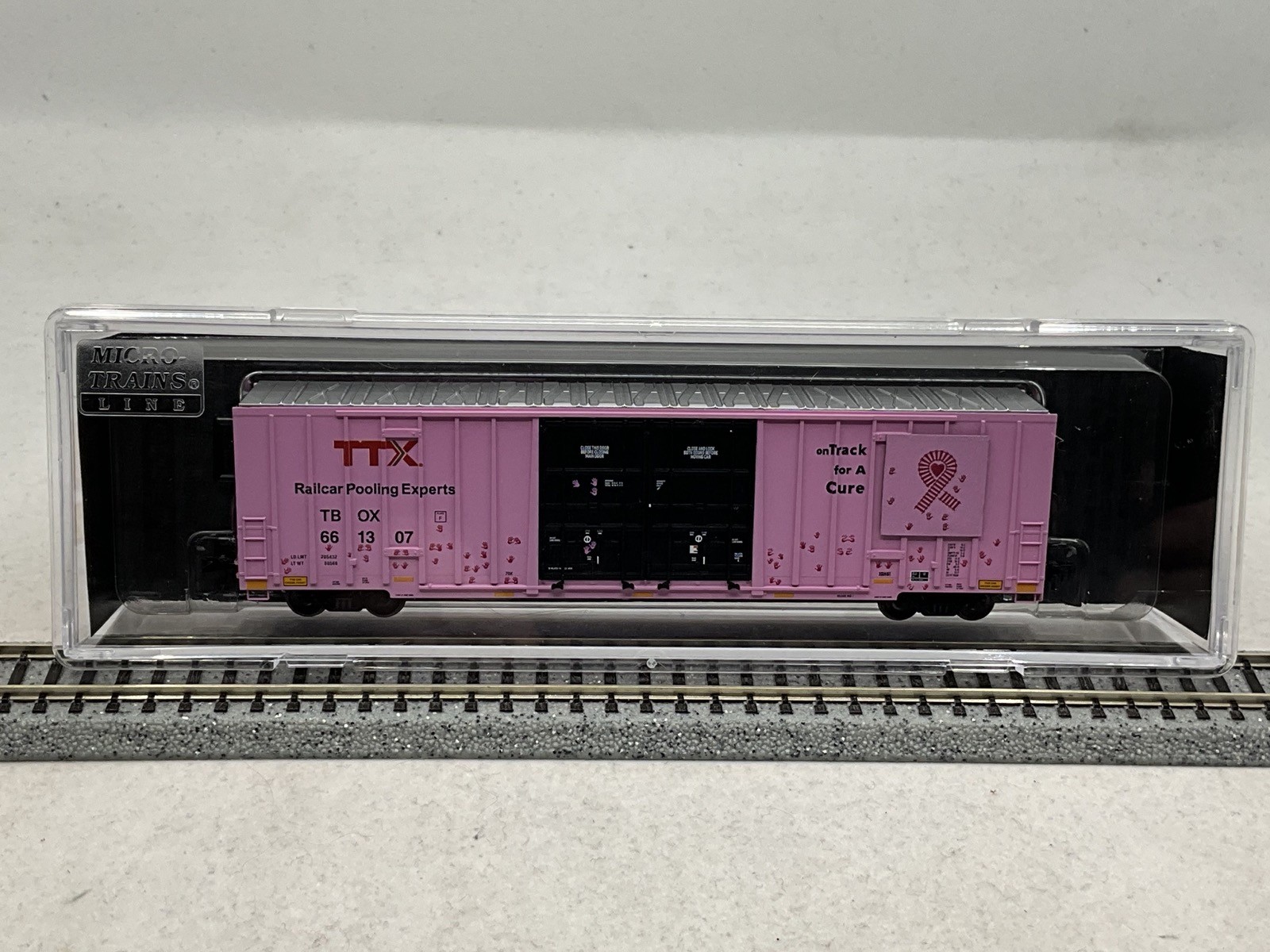 NIB MicroTrains N Scale TTX Pink 'On Track for a Cure' 60 Ft HighCube Boxcar