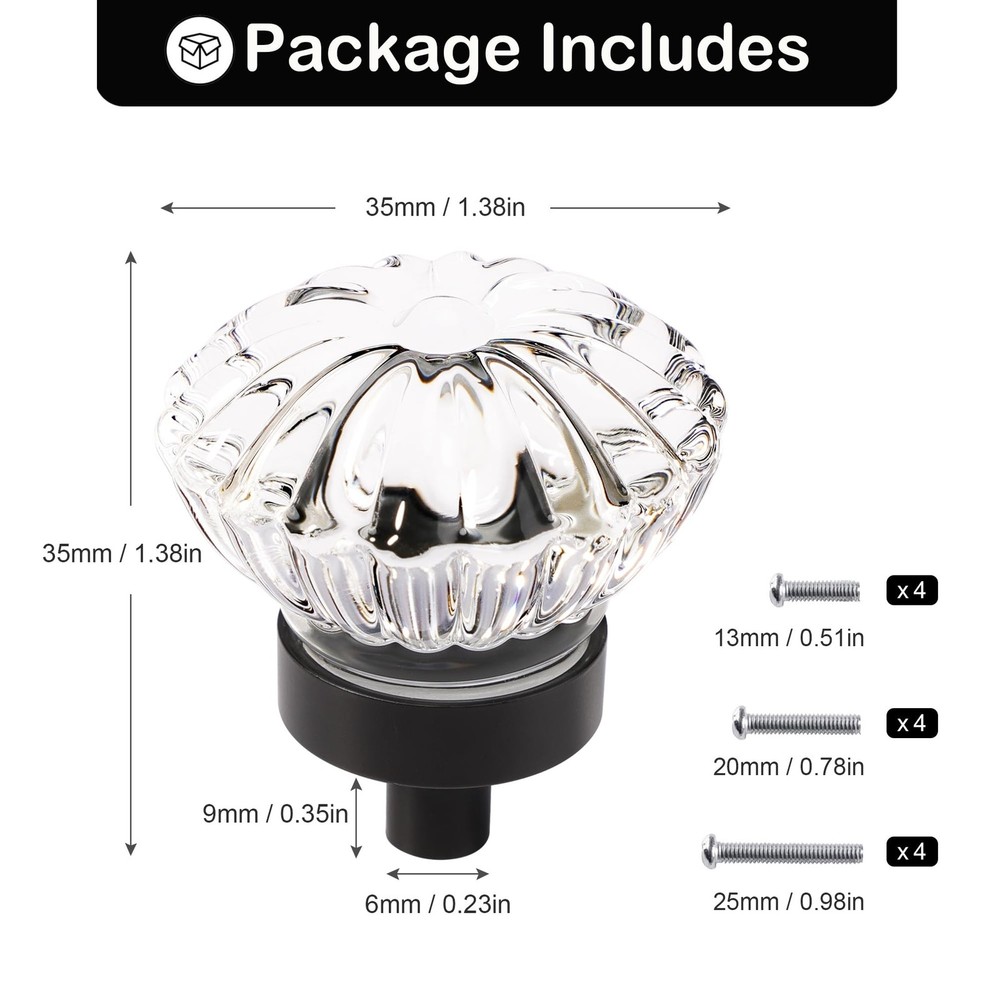 Flower Crystal Cabinet Knobs Cabinets Knob, 4 Pack Matte Black Base and Clear...
