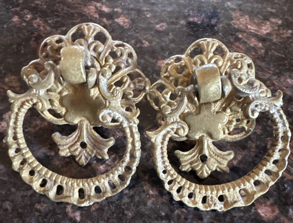 2  Antique Cast Bronze Drawer Drop Bail Handle Pulls