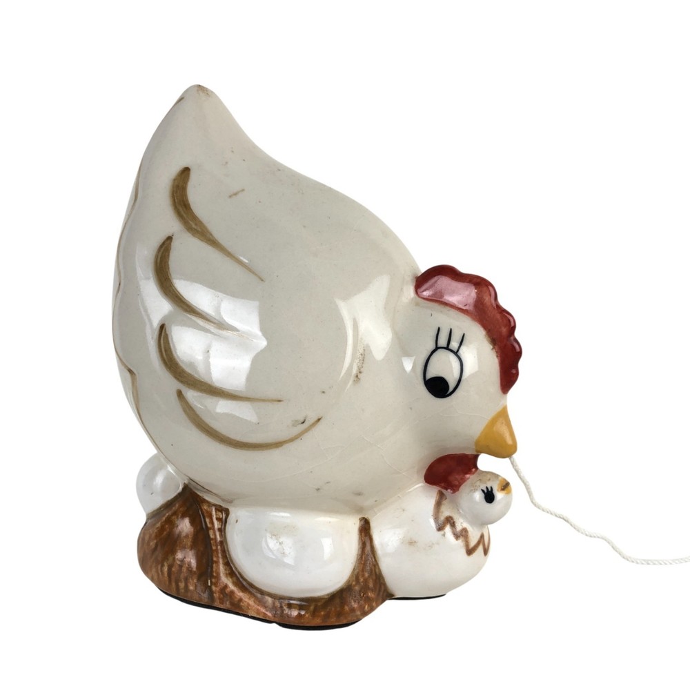 Vintage Ceramic Mom & Hatching Baby Chicken String Dispenser