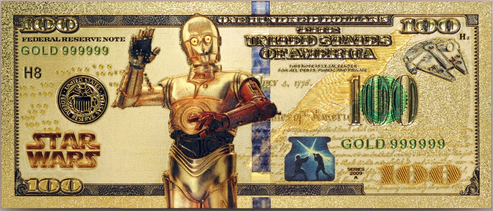 Lot of 8 Star Wars Darth Vader Yoda Luke Han Boba Fett Gold Foil Notes Set XS12