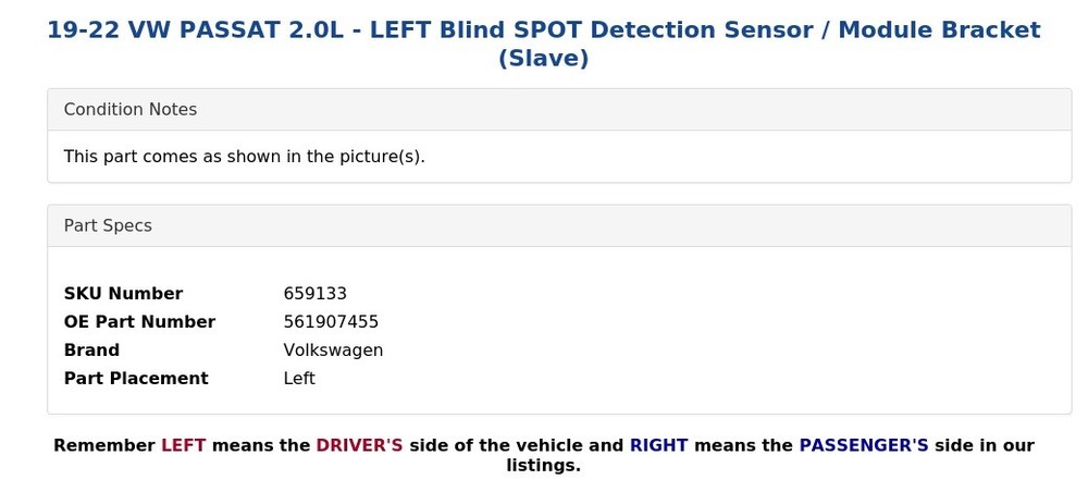 19-22 VW PASSAT 2.0L - LEFT Blind SPOT Detection Sensor / Module Bracket (Slave)