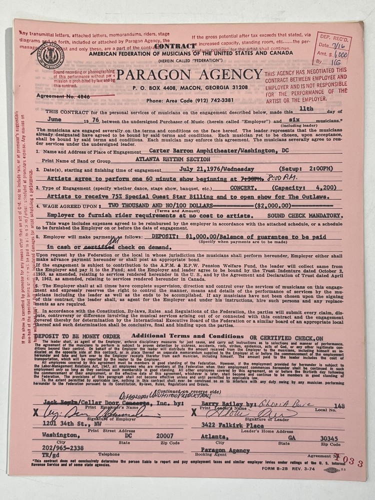 The Atlanta Rhythm Section Concert Contract 1976 Washington DC
