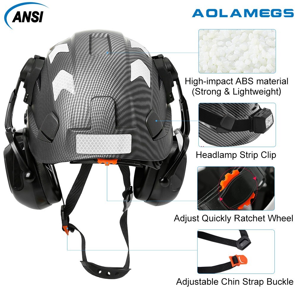 Carbon Fiber Safety Helmet With Build in Visor Earmuffs and Reflective Stickers