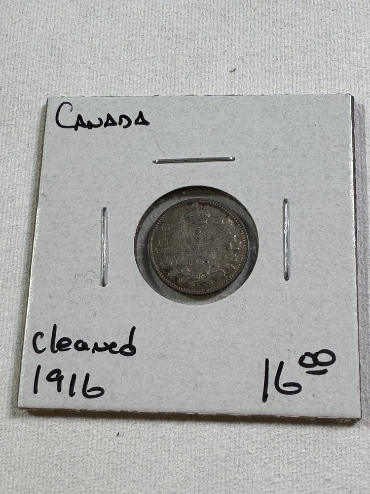 1916 Canada 5 Cents Small Silver Coin Cleaned
