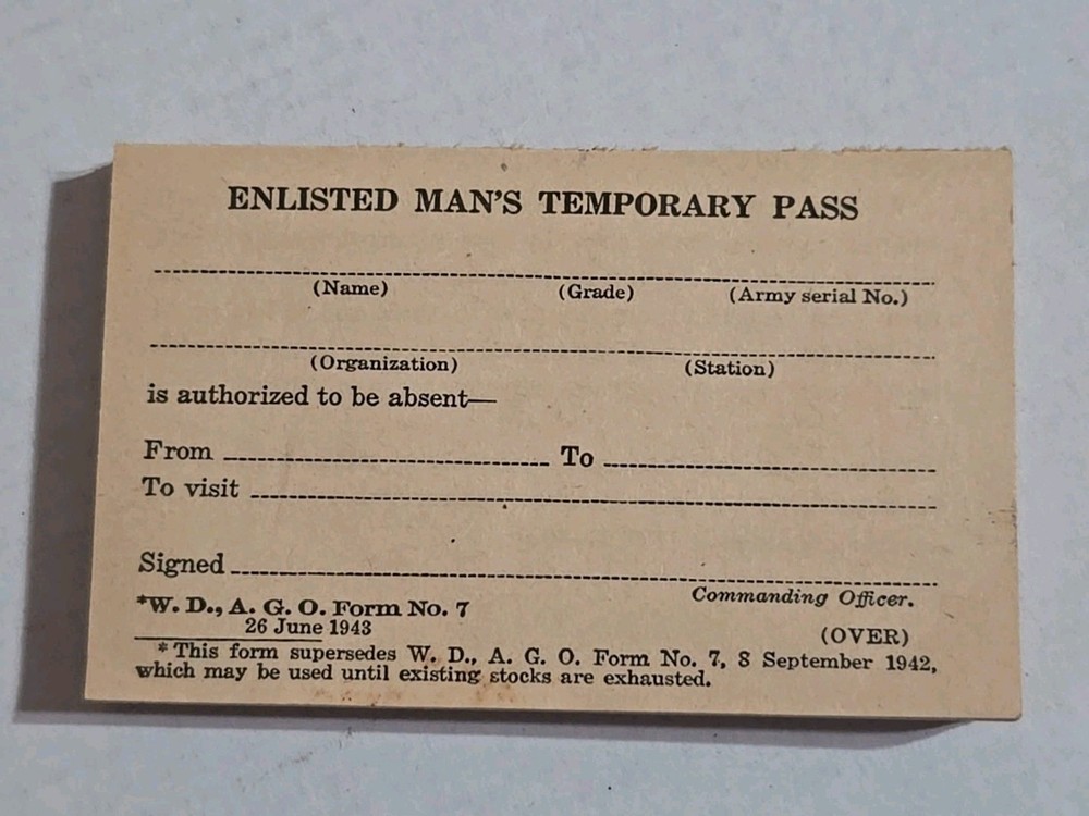 1943 Orig WWII Unused U.S. Army Enlisted Man's Temporary Pass 1942 Form 50+