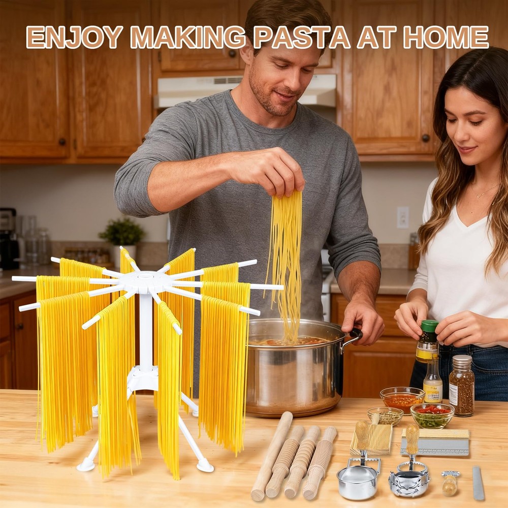 Pasta Making Kit 13Pcs Wooden 3 Size Threaded Rolling Pins Drying Rack