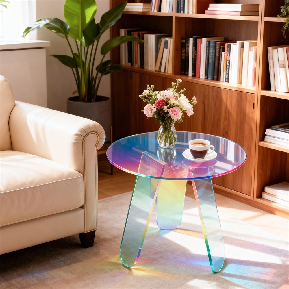Round Iridescent Rainbow Coffee Table Acrylic Sofa Side End Table Triangle Legs