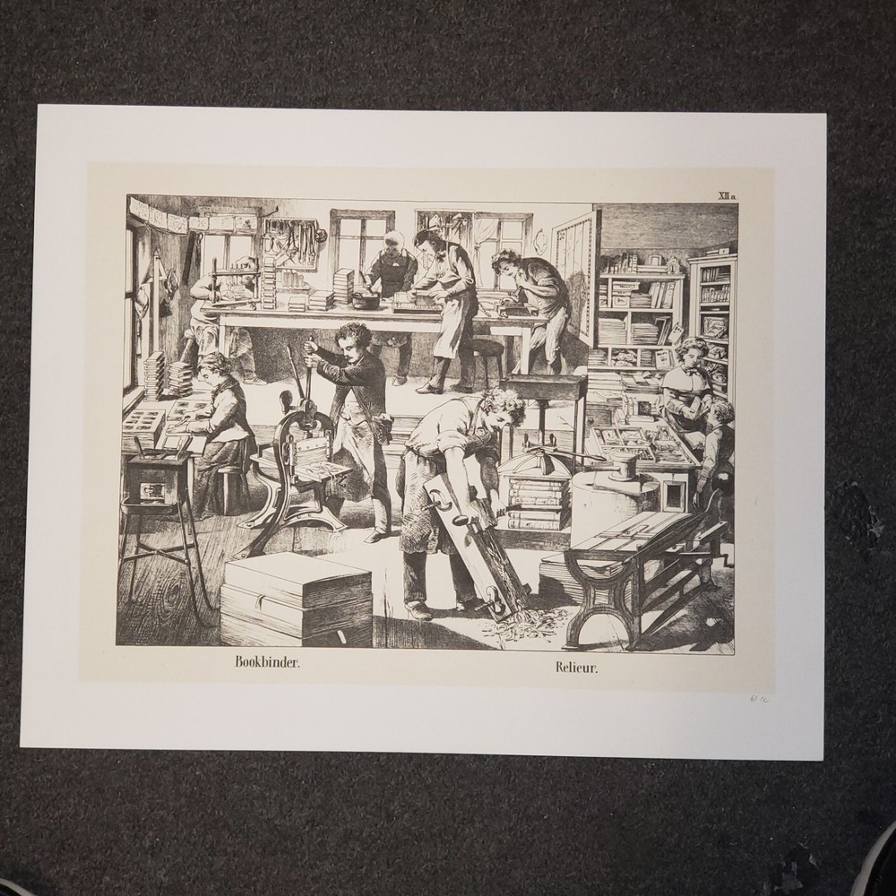 Hand Bookbinders:  c: 1875 French Bookbinder's Workshop