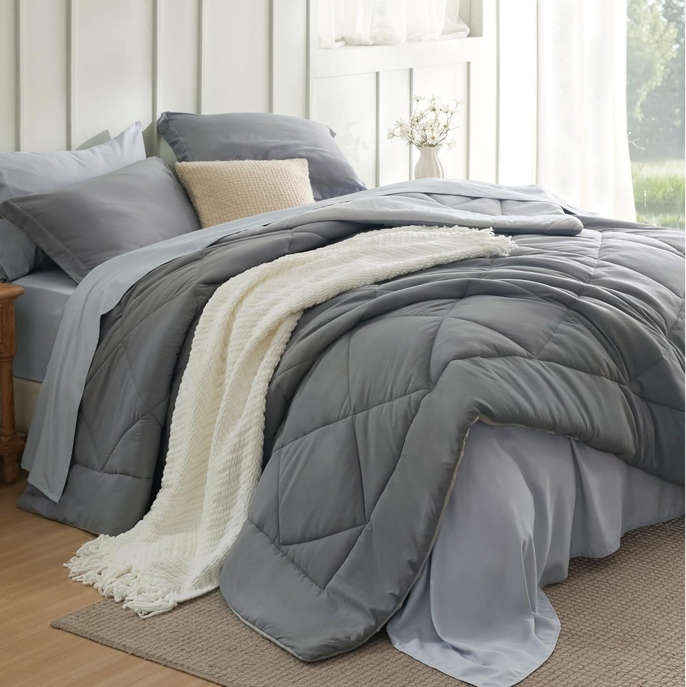 Queen Comforter Set 7 Pieces Reversible Grey Bedding GentleSoft™ Queen Size Bed