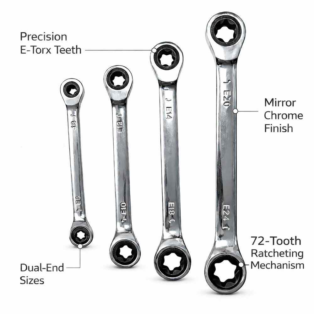 E-Torx Double Box Ratcheting Wrench Set, 4 Sets 72-Tooth Dual Head E6 E8 E10 ...