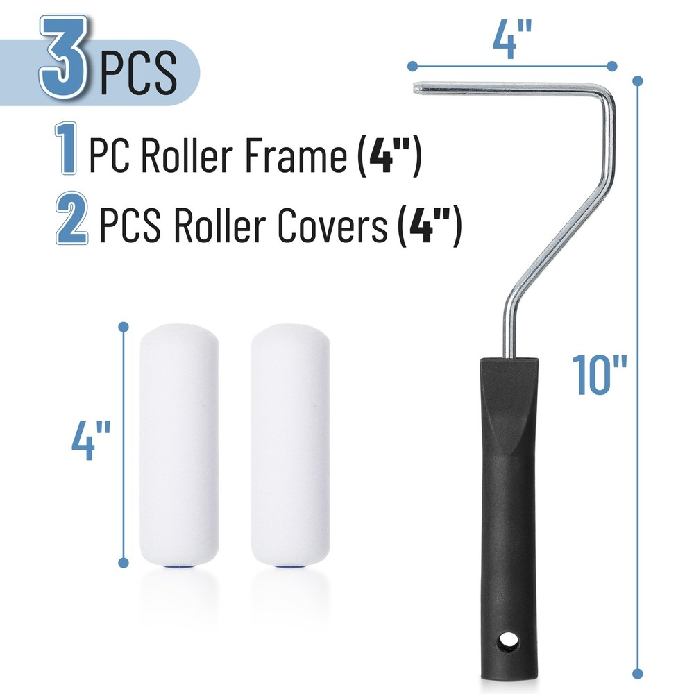 Paint Roller 4 Inch Paint Roller Frame with 2 Pcs High-Quality Foam Covers