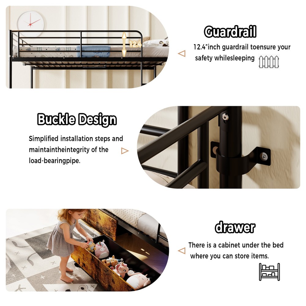 Bunk Bed with USB Charging Station, Able to Split, Metal Bunk Bed, Storage Space