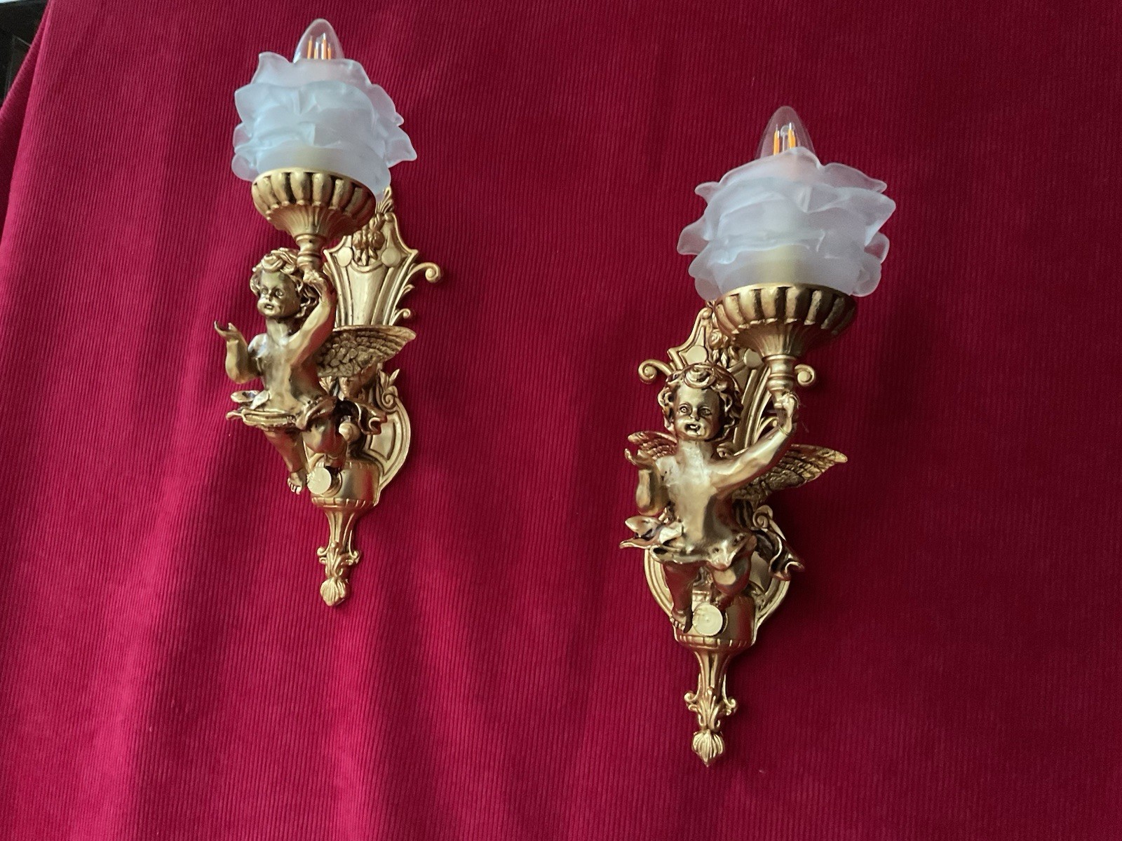 Pair Of Vintage French Putti Cherubs Winged angel Wall Lights Ormolu