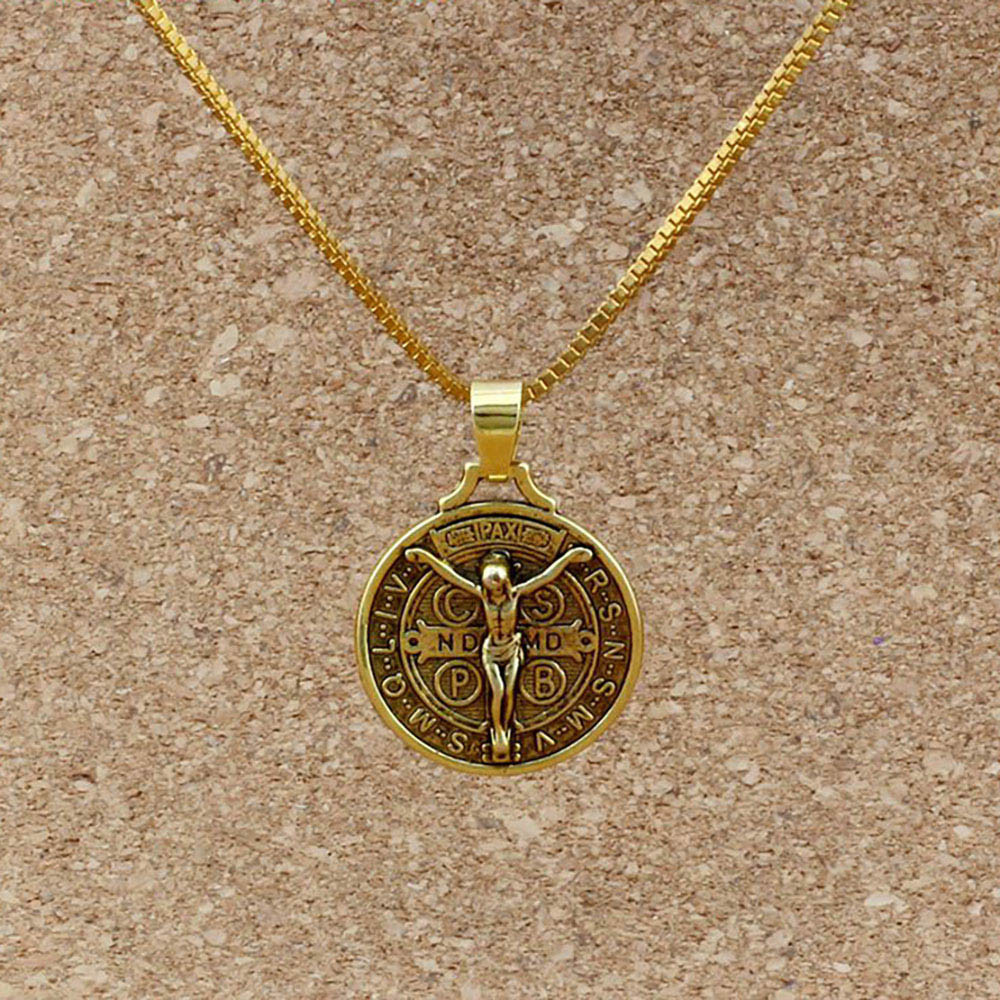 Gold Jesus Crucifix Saint St Benedict Medal Cross Pendant Necklace 24" Box Chain
