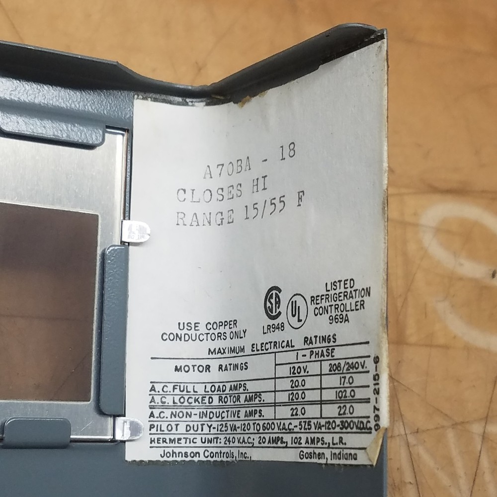 Johnson Controls A70BA-18 Low Temperature Controller 15-55F - USED