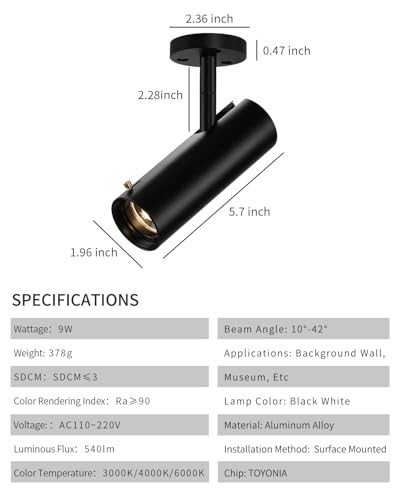 LED Ceiling Spotlight, 9w Cob Ceiling Spot 9W-3000K Surface Mounted-Black