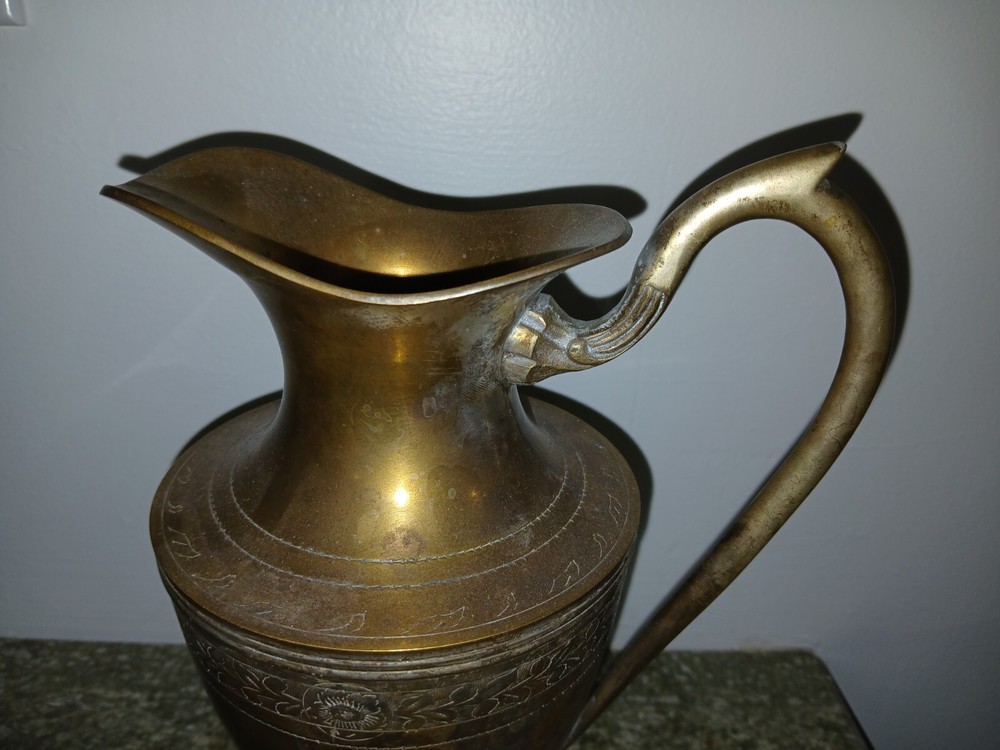 Vintage Distressed Scribed Silver Plate over Brass Pitcher