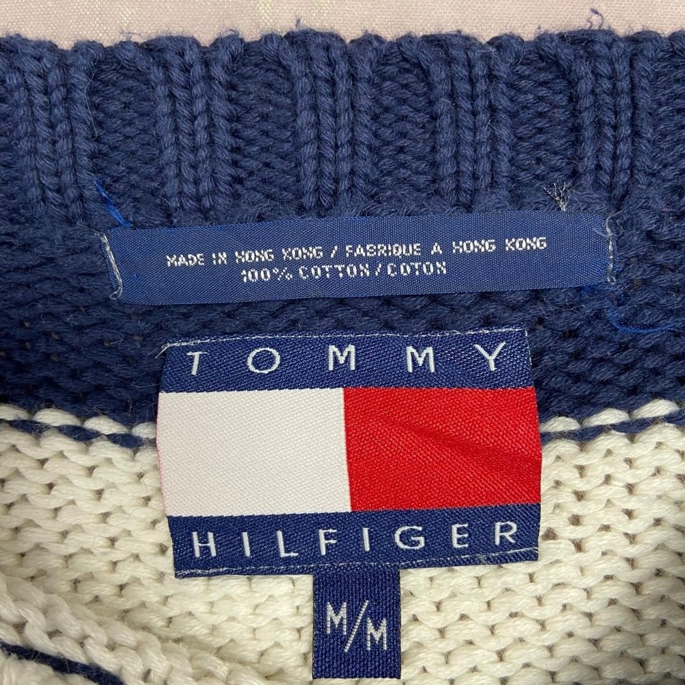 Vintage Tommy Hilfiger Knitted Jumper Striped Patterned Pullover Chunky Knit