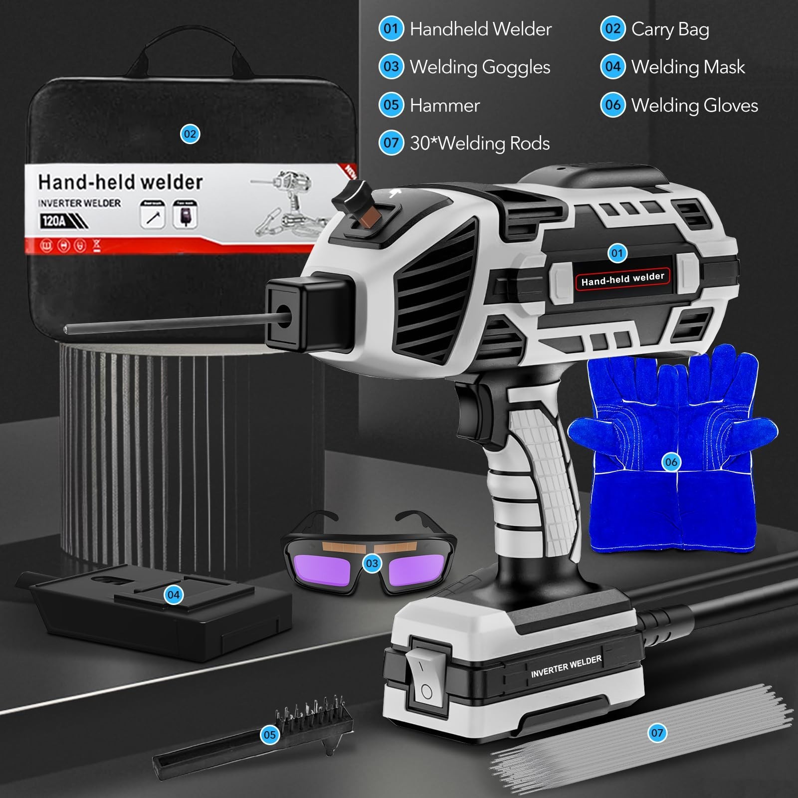 110V Handheld Welding Machine Kit with Auto-Darkening Goggles & Welding Rods