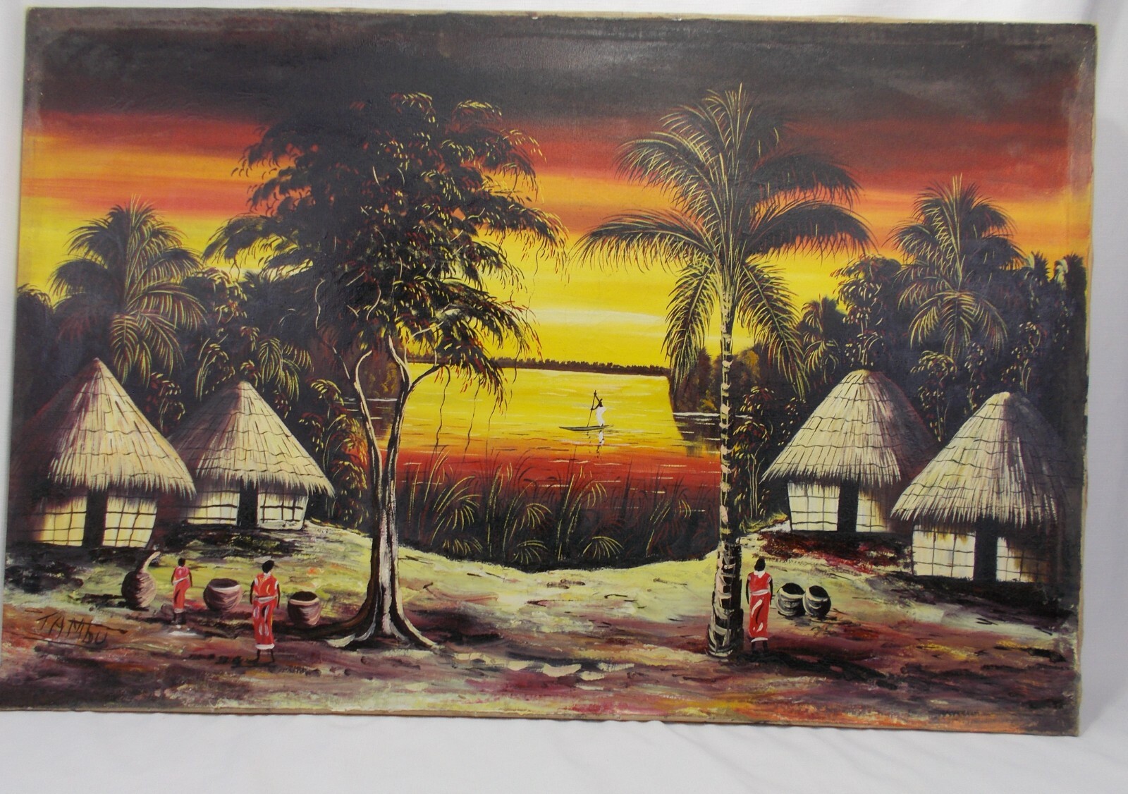 TAMBU 1960's Senegal African oil painting beach village sunset 43 x 28'