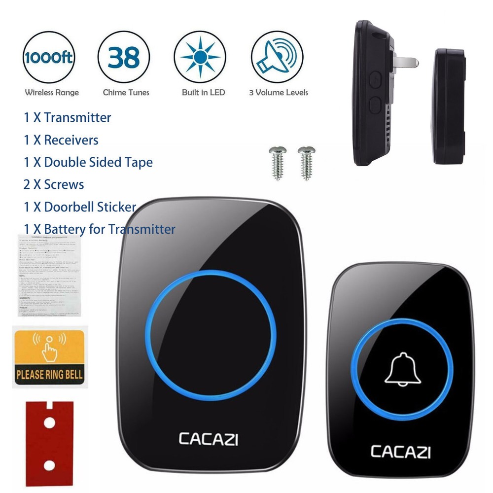 Waterproof Wireless Doorbell Adjustable Volume 984 FT Plugin Receiver 38 Chime