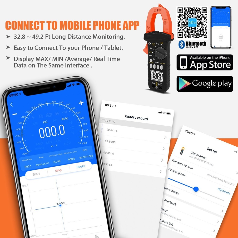 BTMETER Digital Clamp Meter TRMS Multimeter AC DC Volt Amp Ohm NCV Data Logging