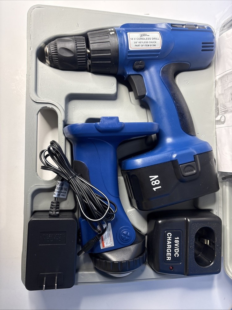 Drill Master 18V Cordless Drill & Flashlight Set w/Battery, Charger, Bits, Case