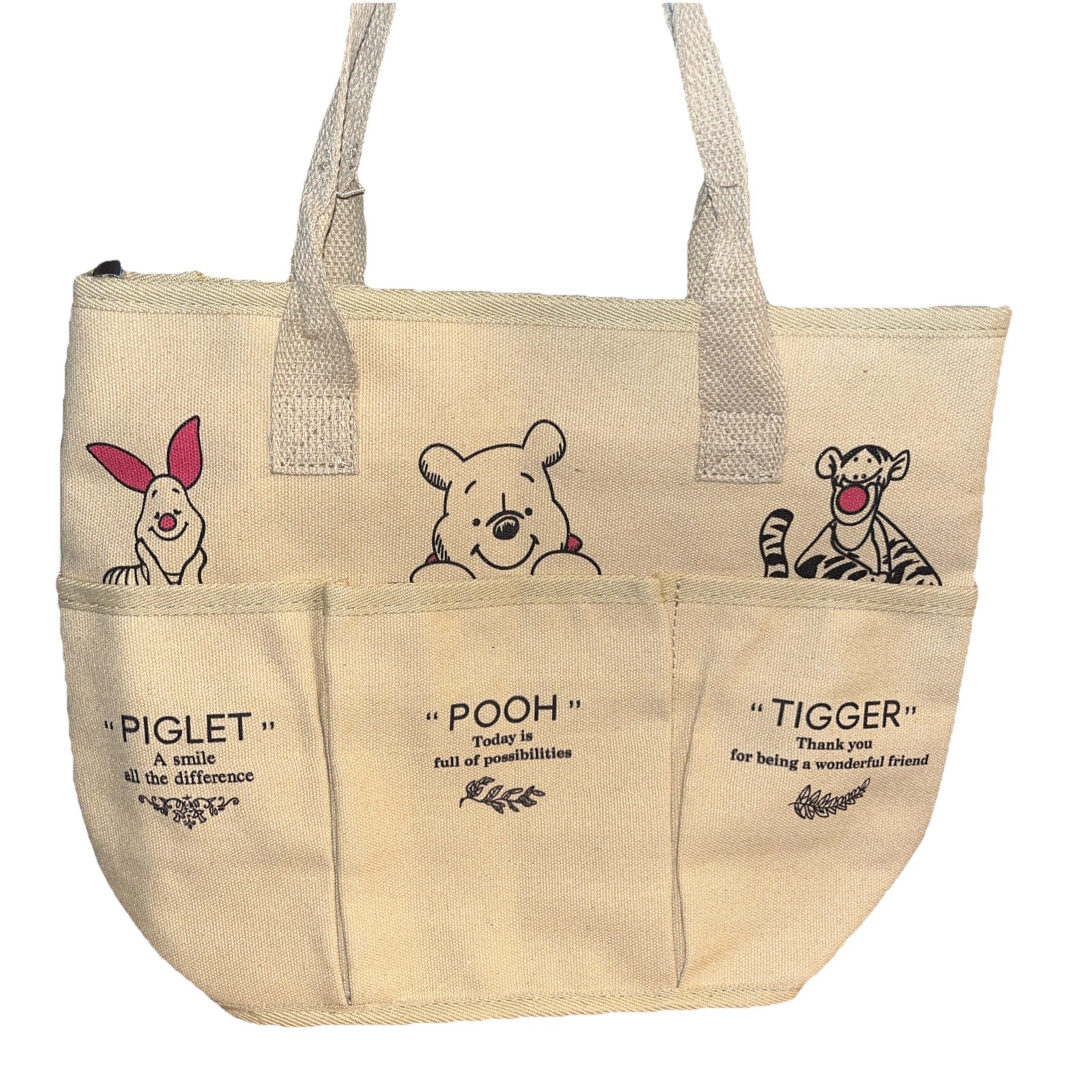 Winnie The Pooh Piglet Tigger Canvas Tote Bag Purse with Zipper & Pockets