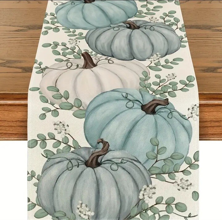 Polyester Pumpkin And Eucalyptus Leaves Autumn Fall Table Runner