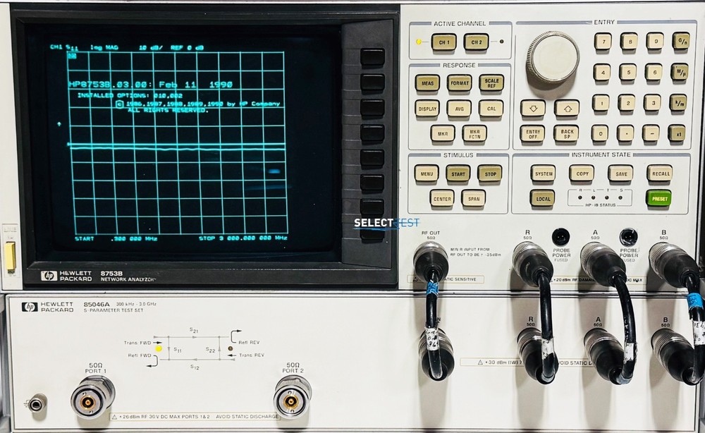 AGILENT (HP) 8753B NETWORK ANALYZER W/OPT. 002 010 & 85046A S-PARAMETER (REF R)