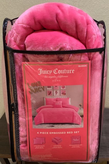 Juicy Couture Hot Pink Logos &Hearts Embossed Plush Soft 4pc QUEEN Comforter Set