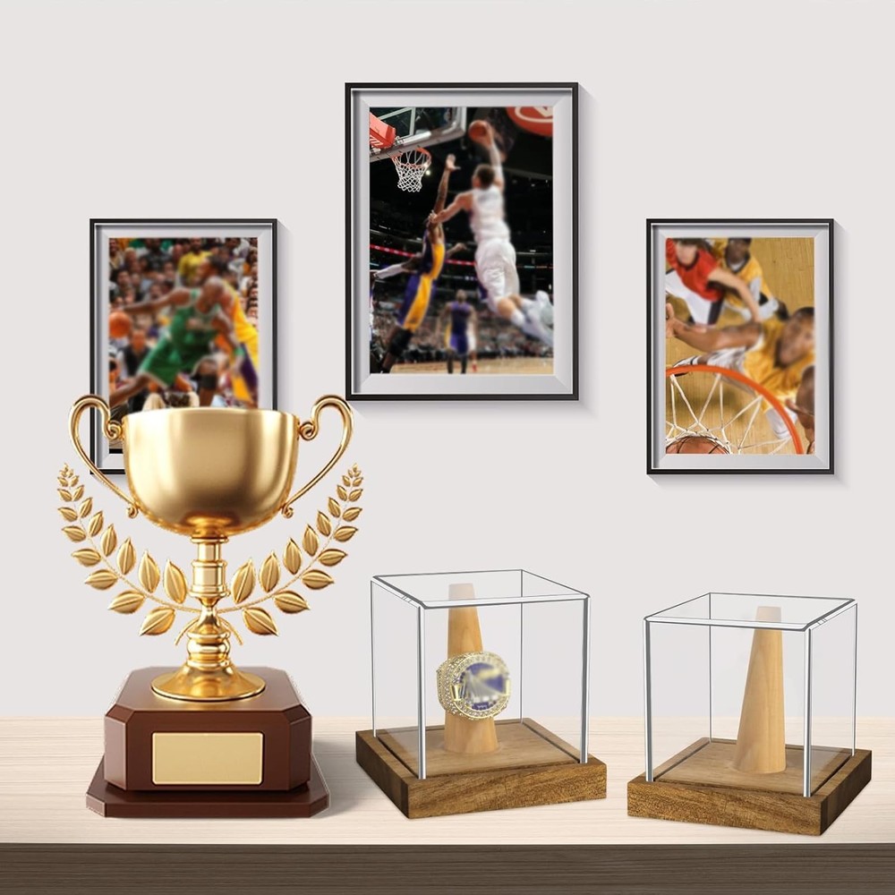 2 Pack Championship Ring Display Case Clear Acrylic Single Clear, Brown