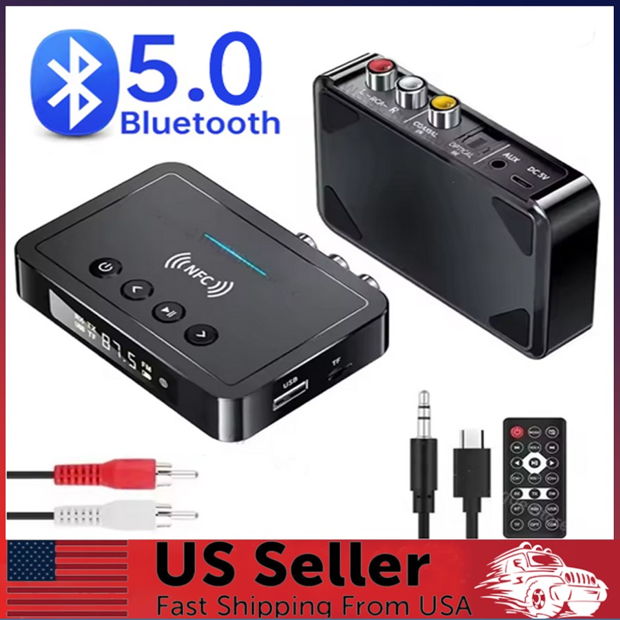 Bluetooth 5.0 Receiver Transmitter Wireless 3.5mm Adapter AUX NFC to 2 RCA Audio