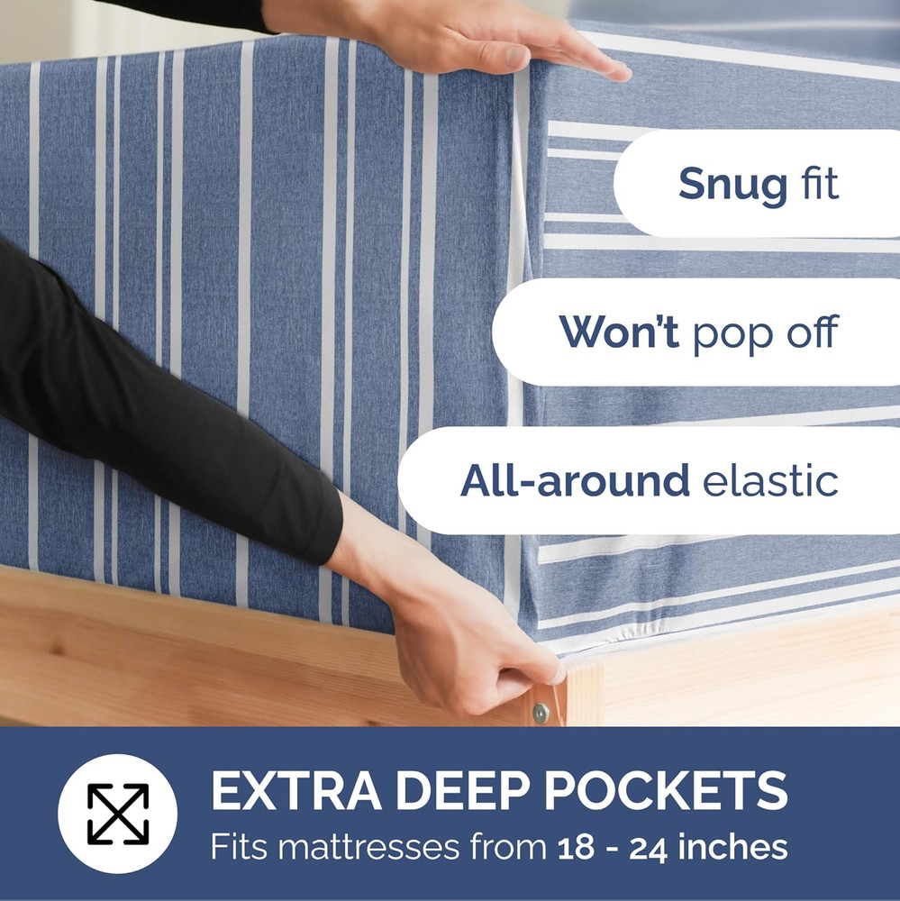 Cooling Extra Deep Split King Sheet Set - 7 Piece Luxury Bedding - Blue Stripes