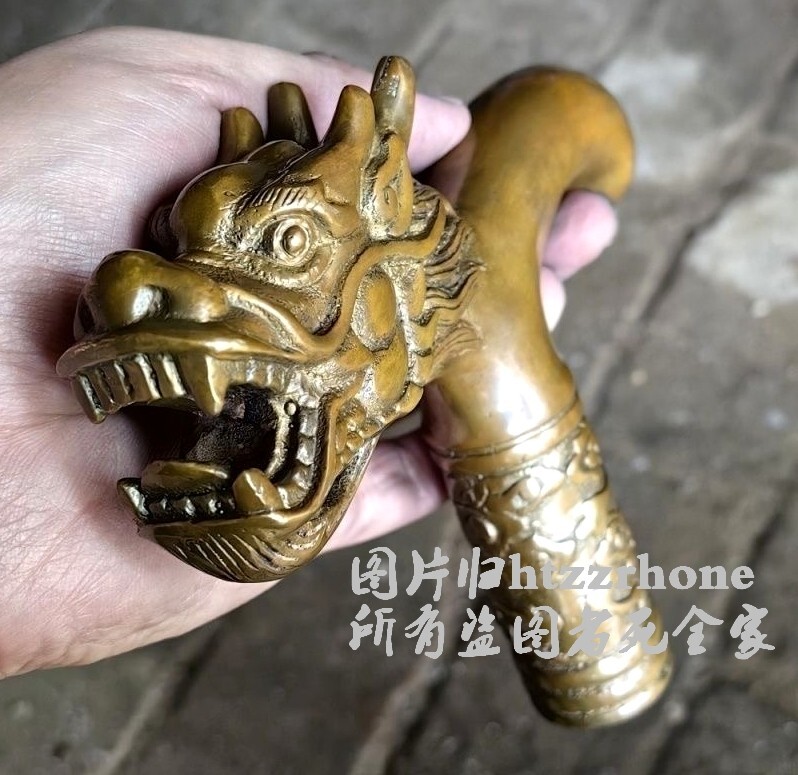 Solid Brass Chinese Dragon Head Statue Walking Stick Cane Handle Top Topper